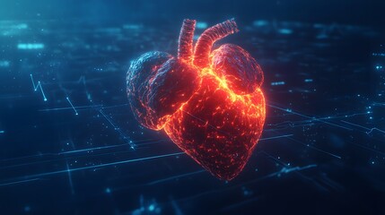 Anatomical 3D human heart with a glowing red core against a blue digital background, electrocardiogram waves, the cardiovascular system and futuristic medical technology.