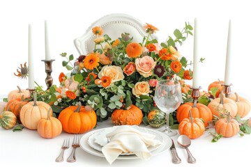 A table set with pumpkins, roses, and candles for a cozy dinner or celebration
