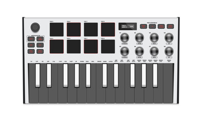 MIDI controller. Portable synthesizer, two octaves keyboard, drum pads and knobs.