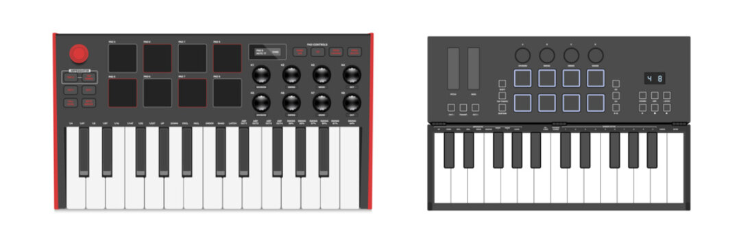 Realistic synthesizers, midi controller. Two octaves, keys, pads and buttons.