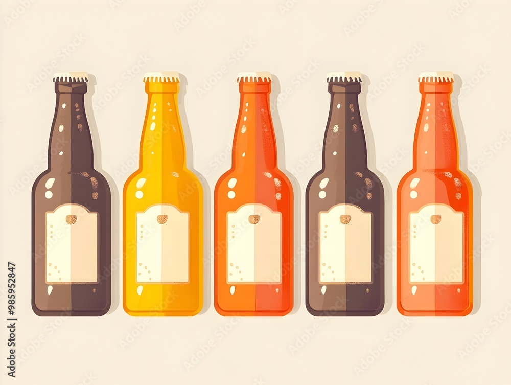 Poster a set of minimalist design beer bottles with frothy heads in a flat style the bottles feature variou