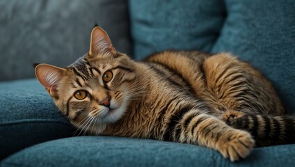 Cute tabby cat relaxing on a blue sofa with striking orange eyes.