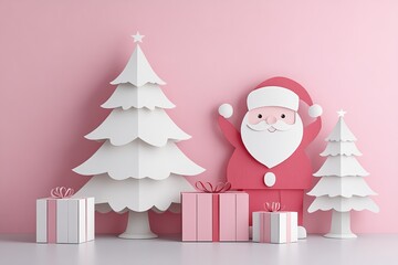 Festive paper art featuring a cheerful Santa Claus and Christmas trees with gifts, set against a soft pink background. papercut design