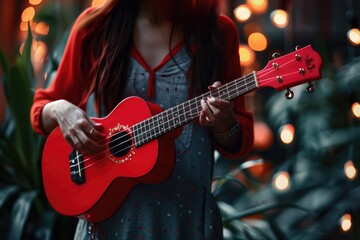 Obraz premium A woman holds a red guitar in front of a decorated Christmas tree