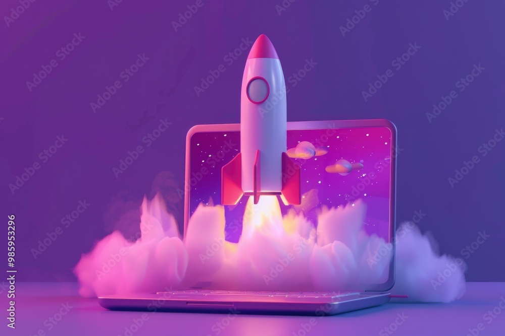 Poster a computer with a miniature rocket attached to its cover
