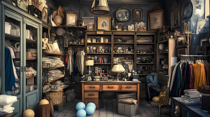 The photo shows a vintage store with many items on the shelves. there are also some balls on the shelves. the store looks very old and dusty. Vintage Fashion. Illustration