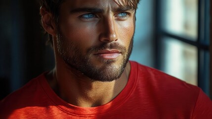 Obraz premium hyperrealistic 3d render of a male model wearing a crisp red tshirt showcasing fabric texture and fit with dramatic studio lighting