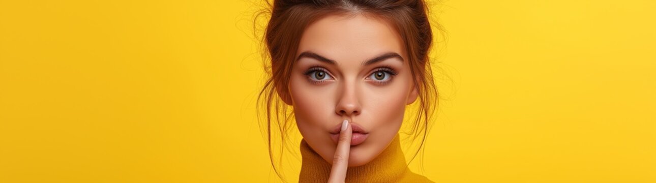 woman doing shushing hand gesturing. creative banner with copy space