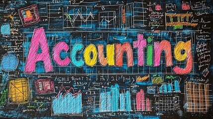 Colorful accounting lettering with doodles and graphs background