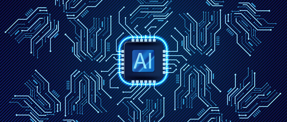 Ai technology banner background. Futuristic design with CPU, circuit board. Artificial intelligence blue vector illustration.