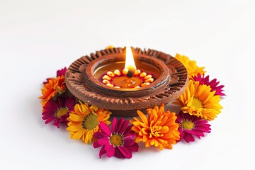 A candle surrounded by flowers on a white surface