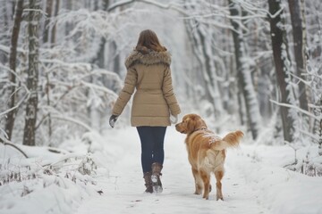 A person walks a dog through snowy terrain