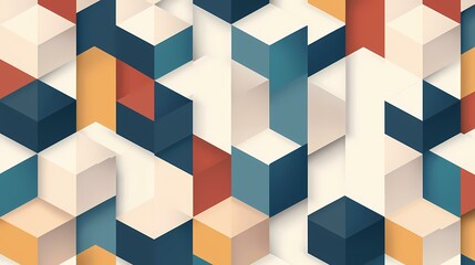 The image contains a geometric pattern of colorful cubes in shades of blue, orange, red and white.  The cubes are arranged in a staggered pattern, creating a sense of depth and dimension.  