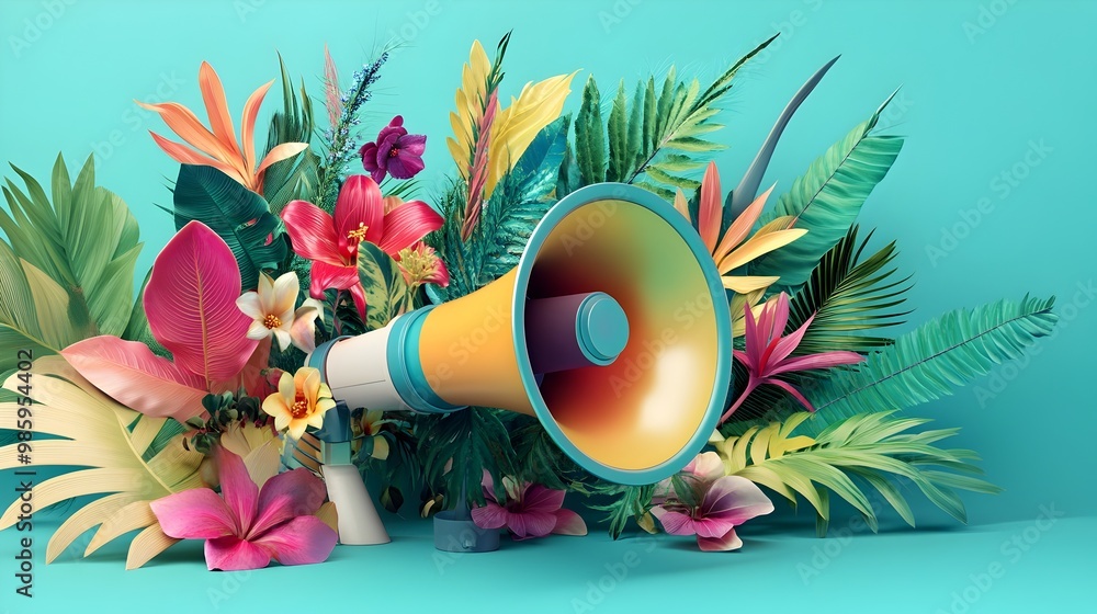 Poster a stunning 3d showcasing a megaphone enveloped in a vibrant array of tropical foliage and exotic blo