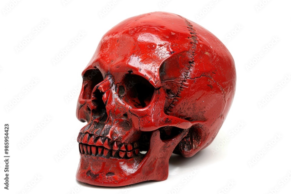 Poster a close-up view of a red skull on a white surface