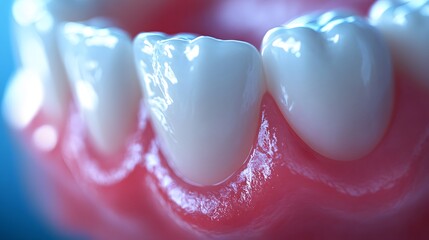 Dental macro photography illustrating teeth enamel texture and gum tissue, with red inflammation highlight, focusing on dental health in a hyper-realistic 3D render.