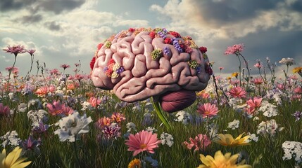 A vibrant 3D depicting the human brain enveloped in a lush garden of flowers set against a tranquil grassy plain  This captivating image symbolizes the connection between the mind nature