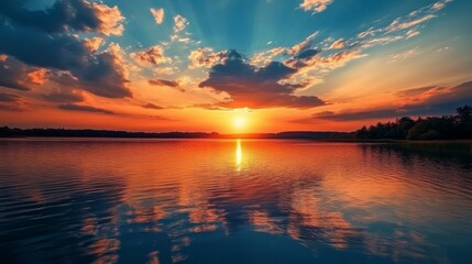 Naklejka premium Clouds paint sunset canvas above lake