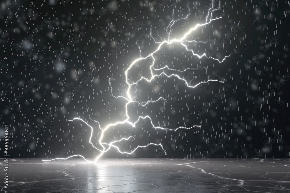 Poster a powerful lightning bolt striking through a dark and stormy sky, with potential uses in weather or 