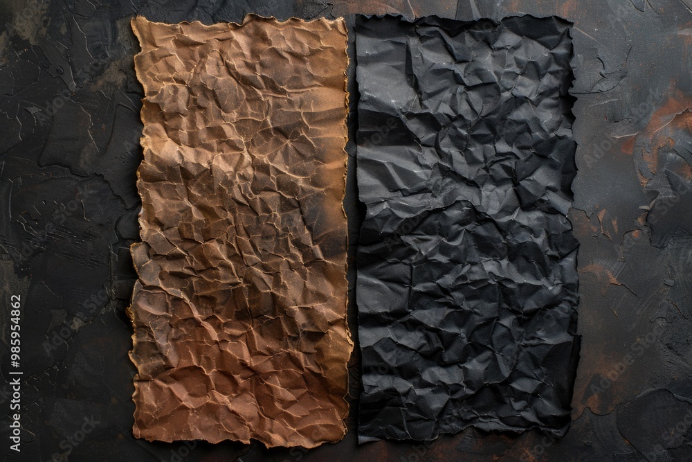 Poster two crumpled papers lie on a dark surface, with intricate folds and creases