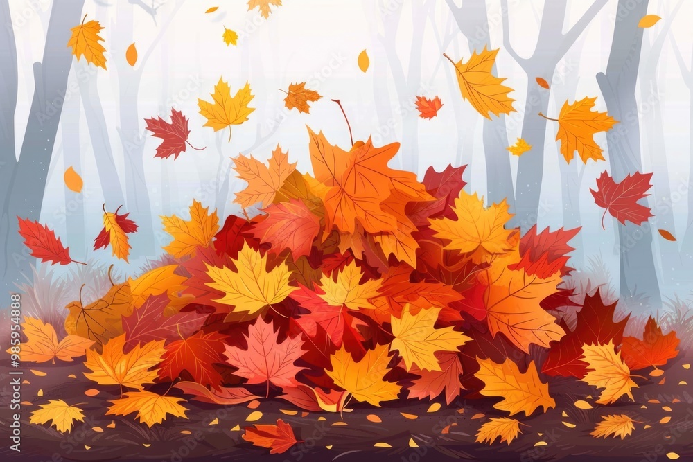 Poster a pile of autumn leaves in a forest with vibrant colors and texture