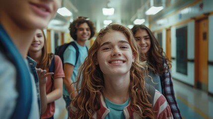 Obraz premium A group of students or friends walking together in a long hallway, possibly in a school or office setting