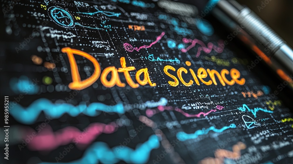 Poster colorful data science concept with handwritten text and charts