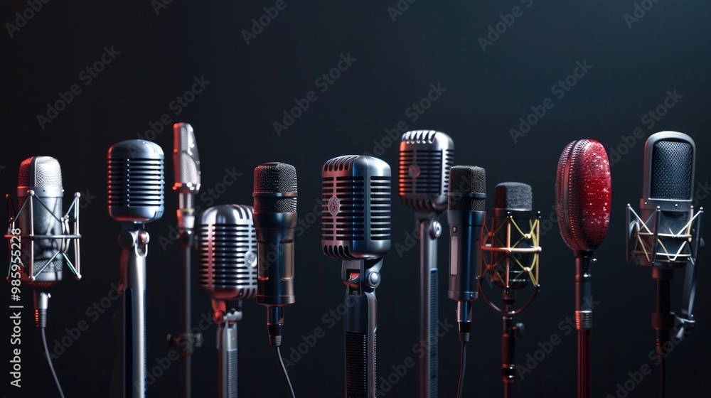 Poster A row of microphones set up on a dark surface, ready for use or performance