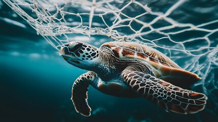 Sea Turtle Entangled in Fishing Net Underwater