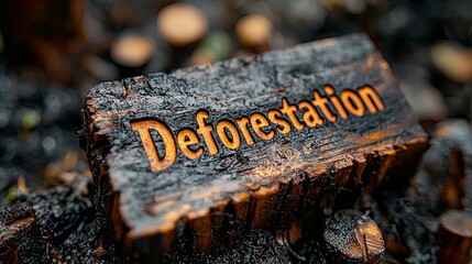 Deforestation concept with burnt wood and environmental message