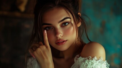 Lovely lady points at her face