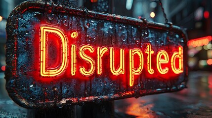 Vibrant neon disrupted sign in rainy urban night scene