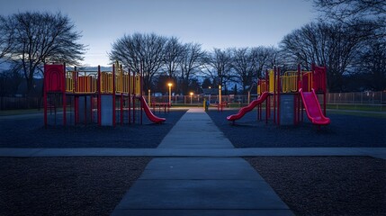 Abandoned playground at dusk its once vibrant swings and slides now silent and still evoking a sense of melancholy and the bittersweet memories of lost childhood innocence