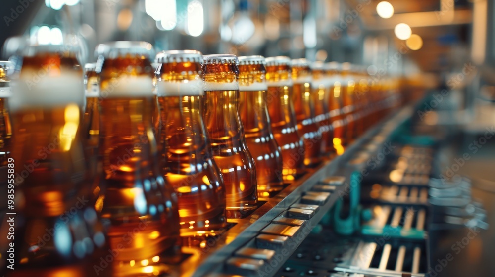 Poster A row of beer bottles moving along a production line