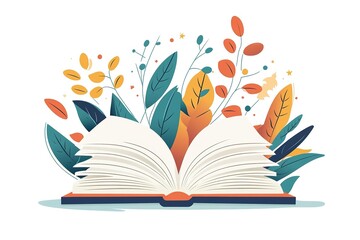 Open book in autumn leaves. Vintage style book illustration for design, print or background. Watercolor education, school design
