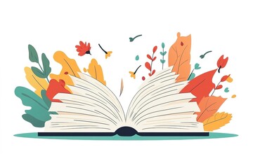 Open book in autumn leaves. Vintage style book illustration for design, print or background. Watercolor education, school design
