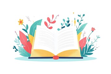 Open book in autumn leaves. Vintage style book illustration for design, print or background. Watercolor education, school design
