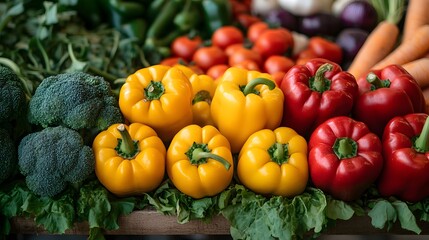 Colorful assortment of fresh vegetables at an organic farmers market, showcasing vibrant produce like bell peppers and tomatoes, emphasizing healthy eating and rich textures.