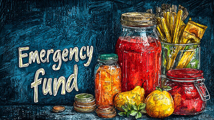 Illustrative emergency fund concept with jars and coins