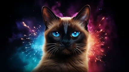  Siamese cat in a whimsical mood gazing at astrophotography airglow abstract background
