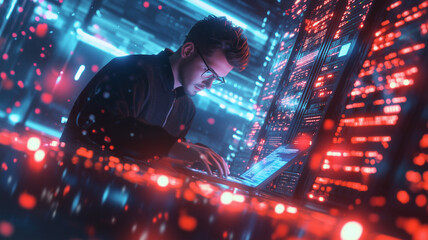 Man preventing cyber attack, controlling data leak, theft. Big data, augmented, virtual reality, machine learning AI concept. Young scientist, data safety blue orange purple hologram.