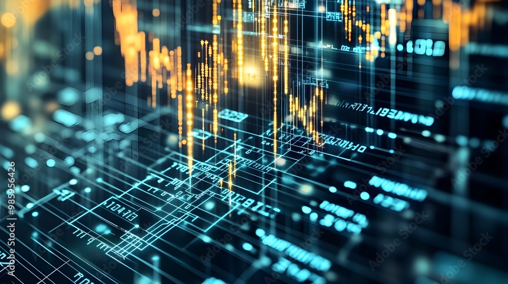 Poster abstract visual of circuits and market numbers seamlessly merging symbolizing the of intelligence an