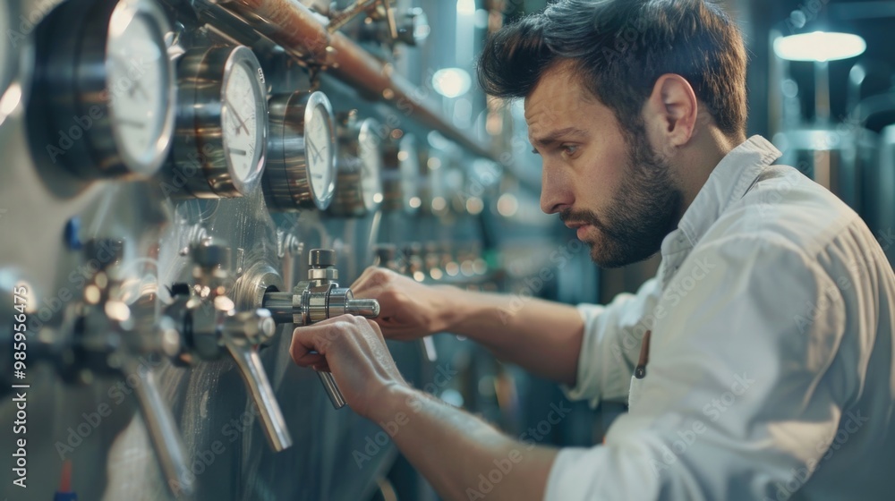 Poster Man operating heavy machinery in a factory setting
