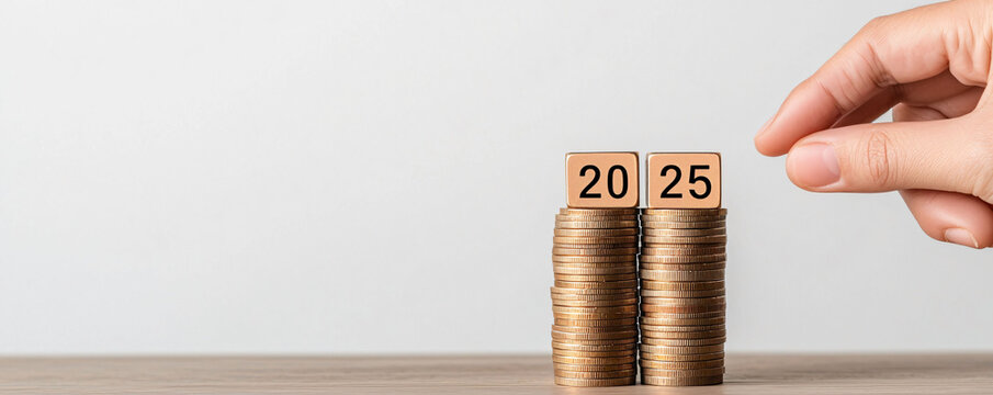 A hand is adjusting cubes labeled 20 and 25 on stacks of coins, symbolizing financial growth and future investments. This image captures essence of planning for prosperous future