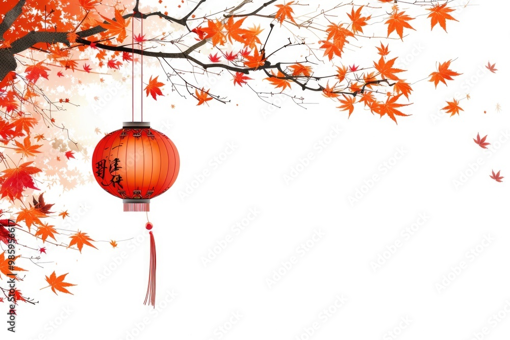 Poster a red lantern is hanging from a tree branch amidst autumnal red leaves