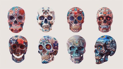 A collection of skulls with distinct patterns and motifs, great for use in Halloween-themed projects or as decorative elements