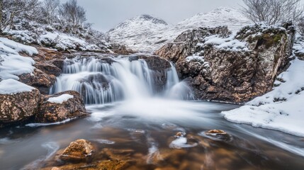 Fototapeta premium Wintery waterfall exposure in Glen Etive, Argyll Highlands, Scotland.