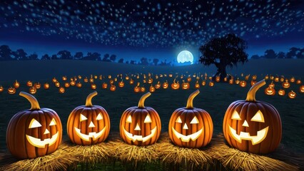 A Halloween pumpkin patch, illuminated by a full moon, with jack-o'-lanterns casting an eerie glow across the field, creating a spooky and festive night
