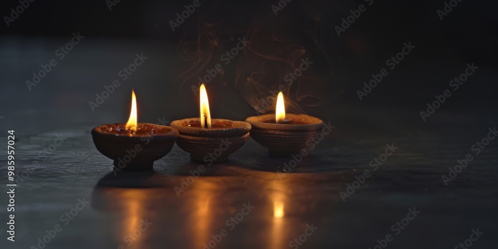 Poster three small candles burning brightly on a table surface