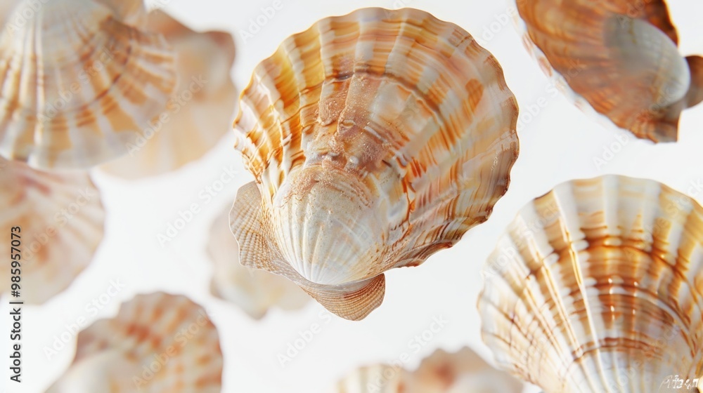 Poster A collection of shells photographed in a close-up, ideal for use as a decorative element or as part of a design featuring beachy or natural themes